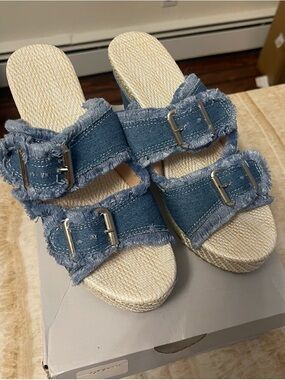 Blue Denim Wedges Size 7.  Platform Slide Sandals Frayed Detail
